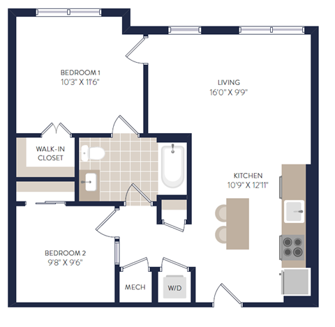 Floor plan for 2 beds, 1 bath, 757 sqft